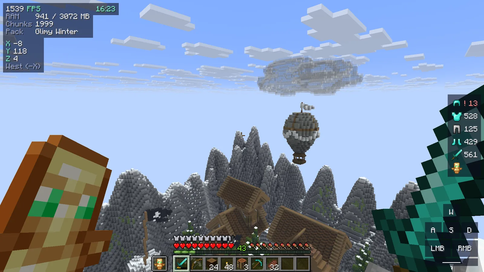 Game scene on a snowy mountain with the Glimy HUD: at the top left Performance with FPS, memory, chunks and resource pack, the clock beside it and coordinates with direction below. On the right the equipment with durability and a totem in the off hand, keystrokes with W, A, S, D and the mouse buttons at the bottom right.
