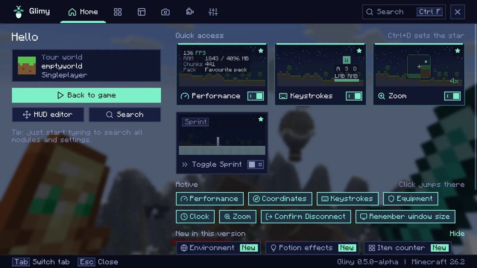 Glimy menu in game, Home tab: on the left “Hello”, the current world and a Back to game button, on the right quick access tiles for Performance, Keystrokes, Zoom and Toggle Sprint, below them the modules that are switched on.