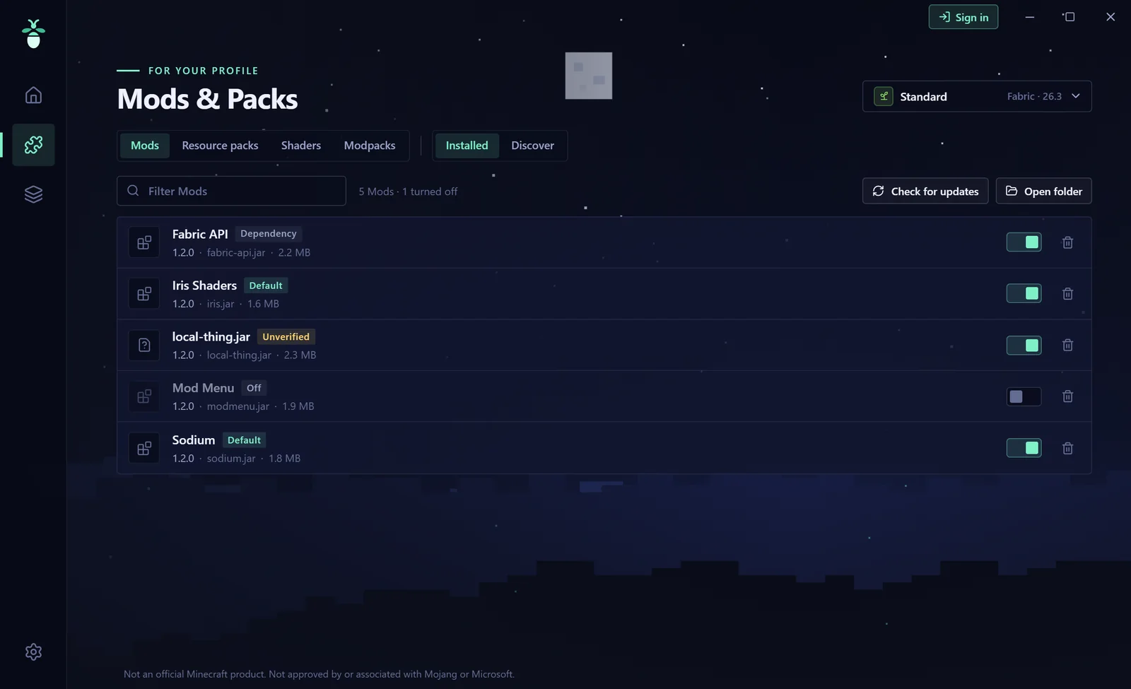 “Mods & Packs” page in the Glimy Launcher with installed mods, switches to turn them on and off and a “Check for updates” button.